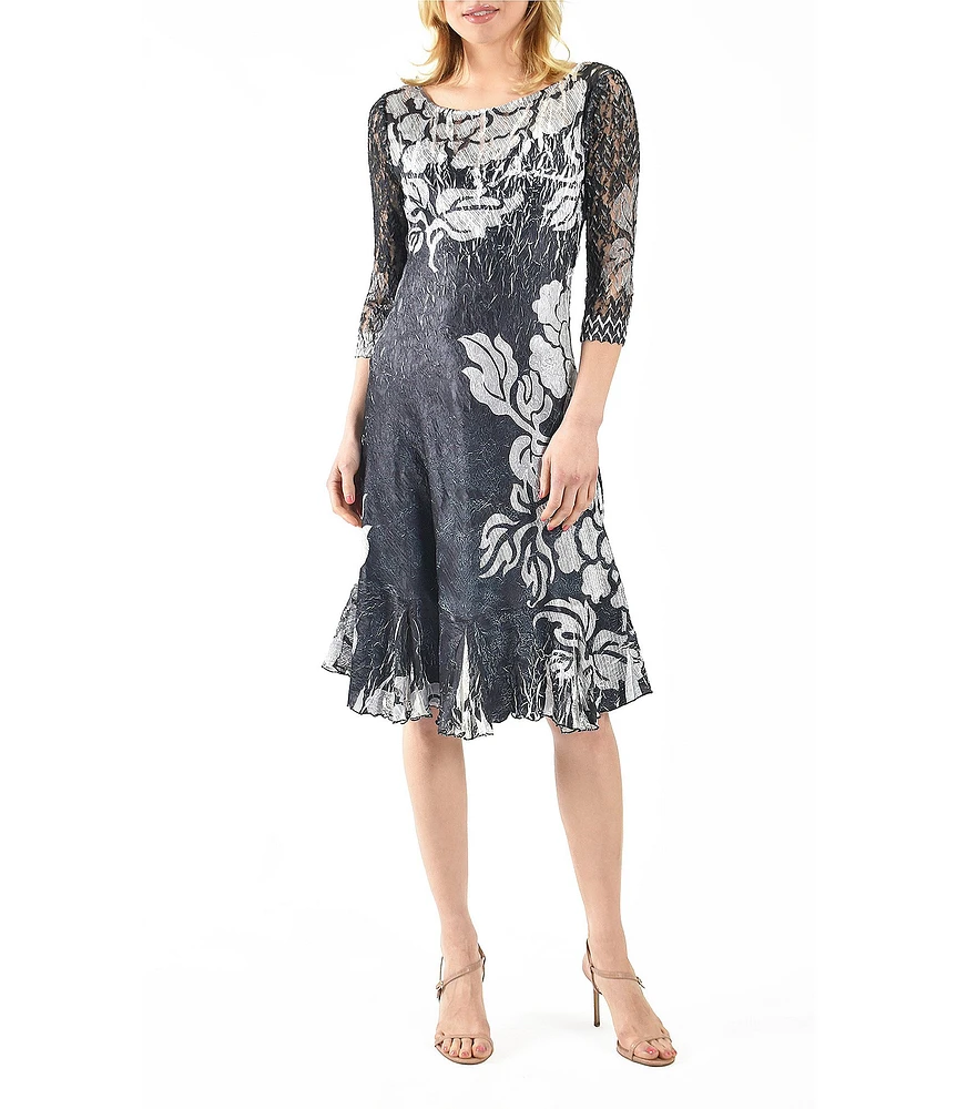 Komarov Floral Print Charmeuse Lace Boat Neck 3/4 Illusion Sleeve A-Line Dress