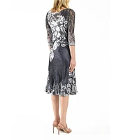 Komarov Floral Print Charmeuse Lace Boat Neck 3/4 Illusion Sleeve A-Line Dress