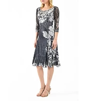 Komarov Floral Print Charmeuse Lace Boat Neck 3/4 Illusion Sleeve A-Line Dress