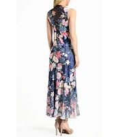 Komarov Floral Print Charmeuse V-Neck Sleeveless Lace Detail Maxi Dress