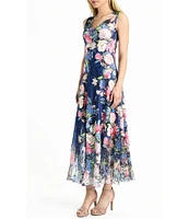 Komarov Floral Print Charmeuse V-Neck Sleeveless Lace Detail Maxi Dress