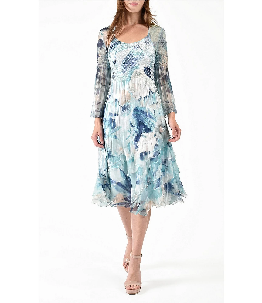 Komarov Floral Scoop Neckline Long Sleeve Pleated Charmeuse Dress