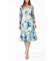 Komarov Floral Scoop Neckline Long Sleeve Pleated Charmeuse Dress
