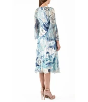 Komarov Floral Scoop Neckline Long Sleeve Pleated Charmeuse Dress