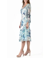 Komarov Floral Scoop Neckline Long Sleeve Pleated Charmeuse Dress