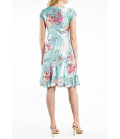 Komarov Floral Print V-Neck Short Sleeve A-Line Dress