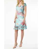 Komarov Floral Print V-Neck Short Sleeve A-Line Dress