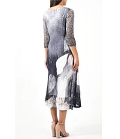 Komarov Lace Pleated V-Neck 3/4 Sleeve Dress