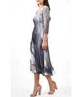 Komarov Lace Pleated V-Neck 3/4 Sleeve Dress