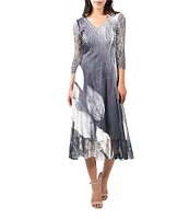 Komarov Lace Pleated V-Neck 3/4 Sleeve Dress