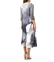 Komarov Lace Pleated V-Neck 3/4 Sleeve Dress