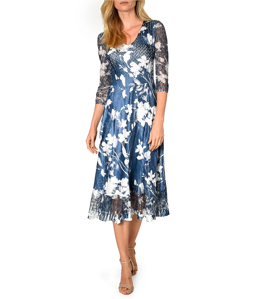 Komarov V-Neck Sheer Hem 3/4 Sleeve Midnight Vine Floral Print Charmeuse Midi Dress