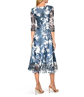 Komarov V-Neck Sheer Hem 3/4 Sleeve Midnight Vine Floral Print Charmeuse Midi Dress