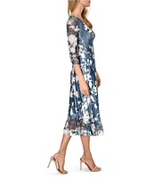 Komarov V-Neck Sheer Hem 3/4 Sleeve Midnight Vine Floral Print Charmeuse Midi Dress