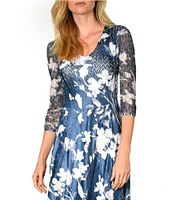 Komarov V-Neck Sheer Hem 3/4 Sleeve Midnight Vine Floral Print Charmeuse Midi Dress