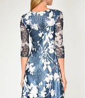 Komarov V-Neck Sheer Hem 3/4 Sleeve Midnight Vine Floral Print Charmeuse Midi Dress