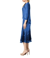 Komarov Mixed Media Beaded Trim V-Neck 3/4 Sleeve Two-Piece Jacket Dress