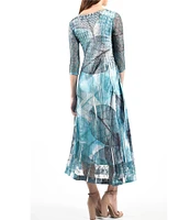 Komarov Pleated Charmeuse V neckline Lace 3/4 Sleeve Dress