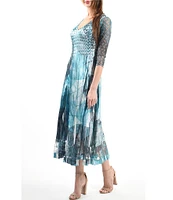 Komarov Pleated Charmeuse V neckline Lace 3/4 Sleeve Dress