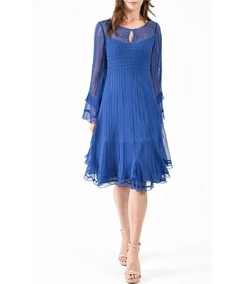 Komarov Pleated Chiffon Keyhole Neck Long Sleeve Fit and Flare Dress