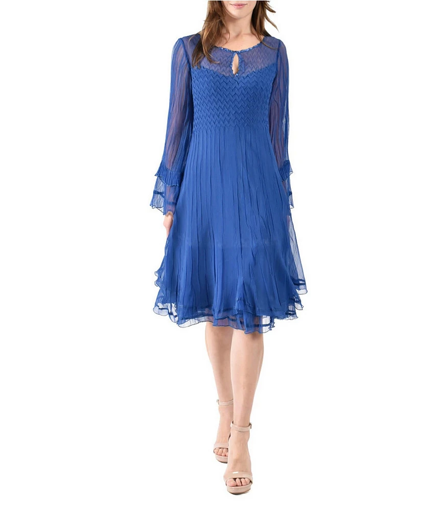 Komarov Pleated Chiffon Keyhole Neck Long Sleeve Fit and Flare Dress