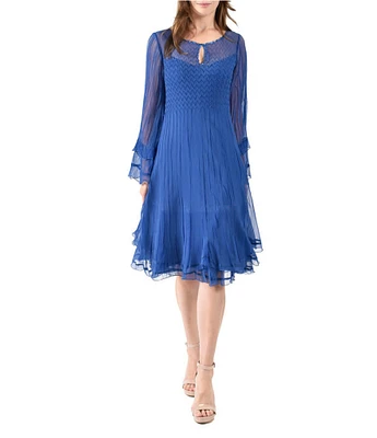 Komarov Pleated Chiffon Keyhole Neck Long Sleeve Fit and Flare Dress