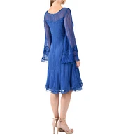 Komarov Pleated Chiffon Keyhole Neck Long Sleeve Fit and Flare Dress