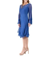 Komarov Pleated Chiffon Keyhole Neck Long Sleeve Fit and Flare Dress