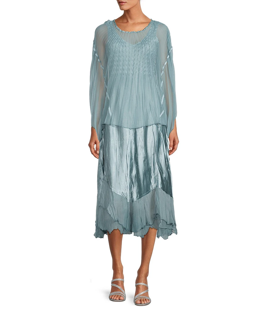 Komarov Popover Chiffon Round Neck Long Sleeve Handkerchief Hem Midi Dress