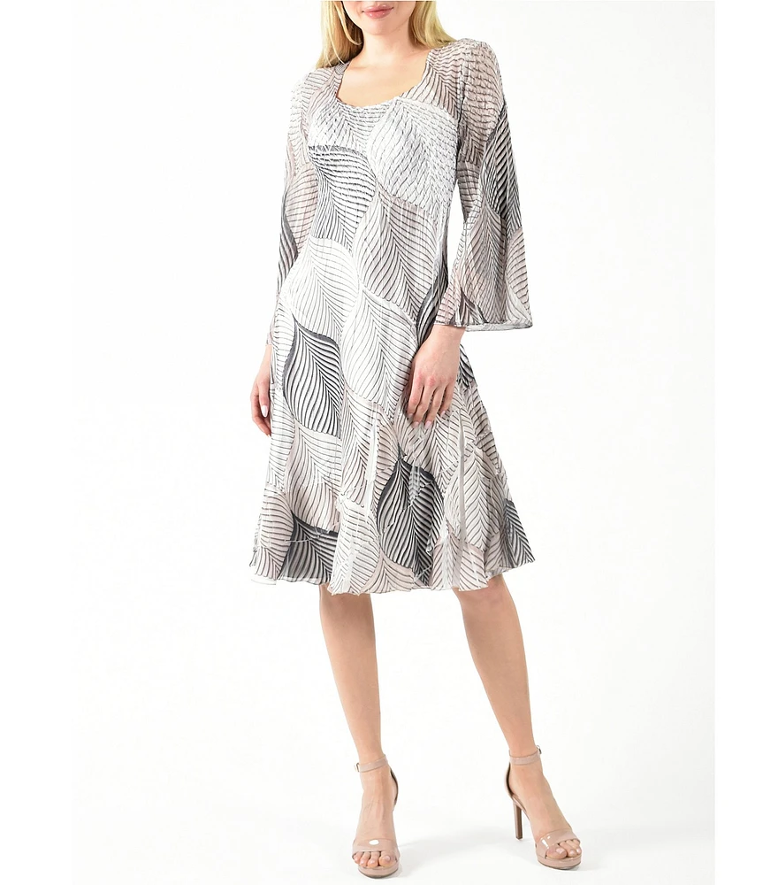 Komarov Printed Charmeuse Square Neck 3/4 Bell Sleeve Tiered Dress