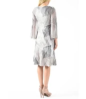 Komarov Printed Charmeuse Square Neck 3/4 Bell Sleeve Tiered Dress