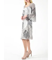 Komarov Printed Charmeuse Square Neck 3/4 Bell Sleeve Tiered Dress