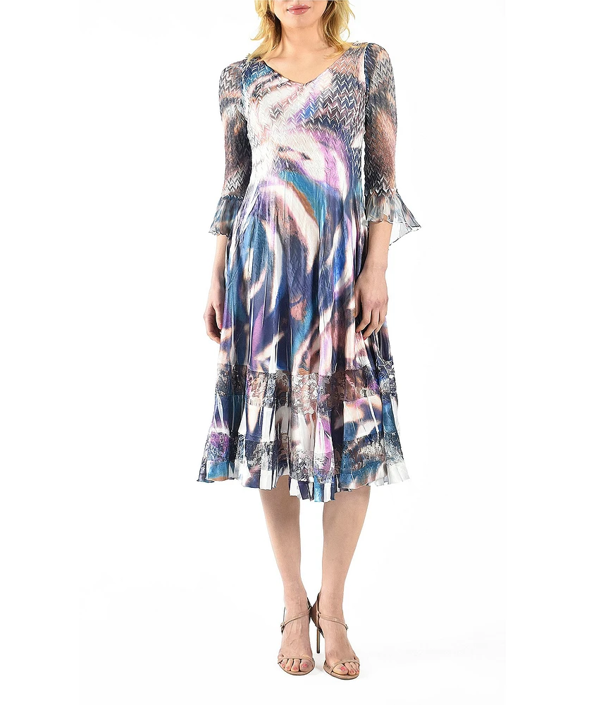 Komarov Printed Chiffon Charmeuse V-Neck 3/4 Illusion Bell Cuff Sleeve Lace Bottom Hem A-Line Midi Dress