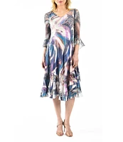 Komarov Printed Chiffon Charmeuse V-Neck 3/4 Illusion Bell Cuff Sleeve Lace Bottom Hem A-Line Midi Dress