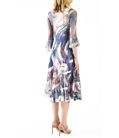 Komarov Printed Chiffon Charmeuse V-Neck 3/4 Illusion Bell Cuff Sleeve Lace Bottom Hem A-Line Midi Dress