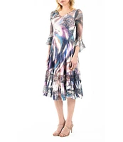 Komarov Printed Chiffon Charmeuse V-Neck 3/4 Illusion Bell Cuff Sleeve Lace Bottom Hem A-Line Midi Dress