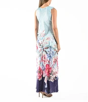 Komarov Ruffle V-neck Sleeveless Floral Print Charmeuse Maxi Dress