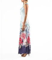 Komarov Ruffle V-neck Sleeveless Floral Print Charmeuse Maxi Dress
