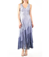 Komarov Ruffled Tiered Embellished Colorblock V-Neck Sleeveless A-Line Maxi Dress