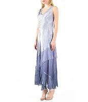 Komarov Ruffled Tiered Embellished Colorblock V-Neck Sleeveless A-Line Maxi Dress