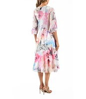 Komarov Scoop Neck Tulip Sleeve Watercolor Rose Mixed Media A-line Midi Dress