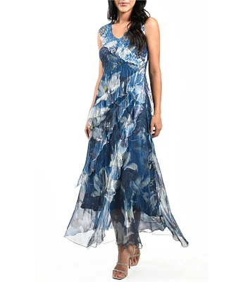 Komarov Sleeveless Ruffled V-Neck Chiffon Maxi Dress