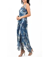 Komarov Sleeveless Ruffled V-Neck Chiffon Maxi Dress