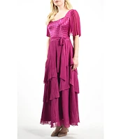 Komarov Square Neck Tiered Bottom Chiffon Sleeve Gown