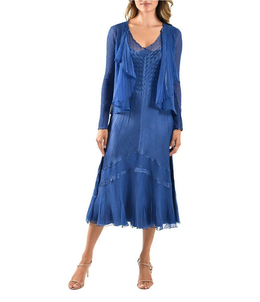 Komarov Two Piece Set V-Neck A-Line Charmeuse Dress with Drape Front Mixed Media Cardigan