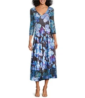 Komarov V-neck 3/4 Sleeve Floral Printed Charmeuse Satin Lace Inset Aline Midi Dress