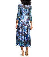 Komarov V-neck 3/4 Sleeve Floral Printed Charmeuse Satin Lace Inset Aline Midi Dress