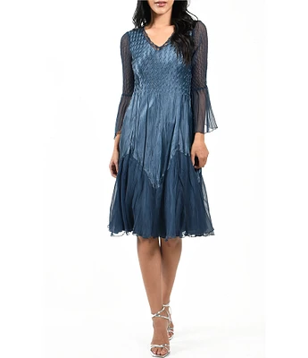 Komarov V-Neck Bell Sleeve Lace Detail Dress