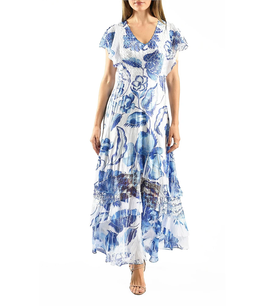 Komarov V-Neck Flutter Sleeve Printed Charmeuse Aline Maxi Dress