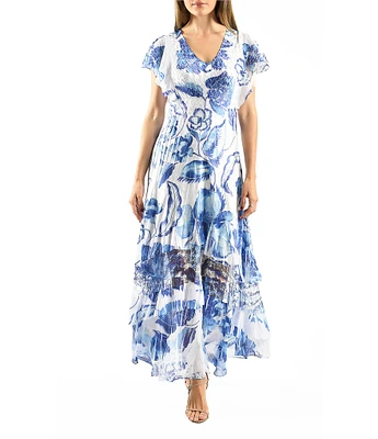 Komarov V-Neck Flutter Sleeve Printed Charmeuse Aline Maxi Dress